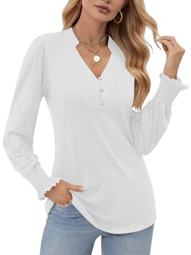Cuptacc Camisa Mujer Cuello en V Blusa Mujer Manga Larga con Volantes Camisetas Moda Impresión Túnicas Blanco, XX-Large XXL 50