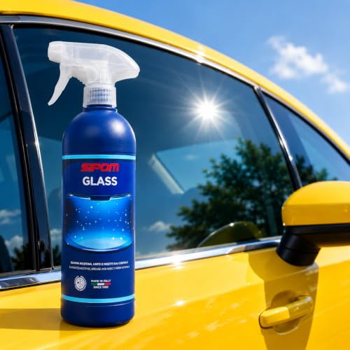 SIPOM GLASS Pulitore Vetri Auto Spray 500ml | Detergente Vetri Senza Aloni | Elimina Nicotina, Unto e Insetti | Parabrezza e Cristalli Interni ed Esterni | Made in Italy