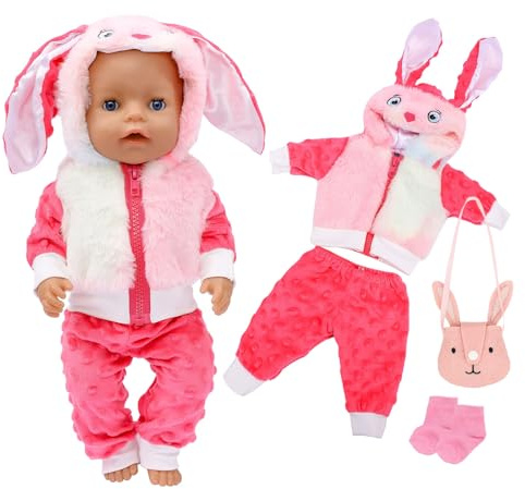 Puppenkleidungs Outfits für Baby Puppen, Kaninchen Kapuzenpullover Puppenkleider Set Kleidung Puppenkleidung für 30-45 cm große Puppen puppenzubehör mit Socke，Haarband, für 14–18 Zoll große Puppen