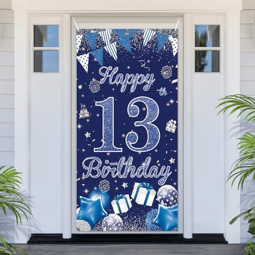 PartyYaa Decoraciones de Pancarta de 13º Cumpleaños, Cubierta de Puerta Feliz 13º Cumpleaños, Pancarta de Fiesta Extra Grande Azul Plateada Fondo de Cabina de Fotos Decoración Cartel Póster para