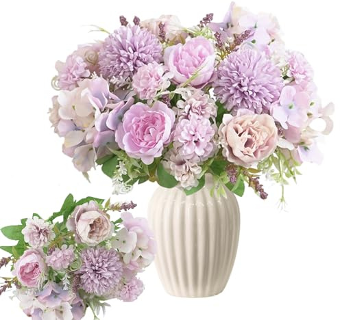 4 Bunches 28 Heads Artificial Flowers, Light Purple Silk Peony & Hydrangea Bouquet with Carnations, Realistic Fake Flower Arrangements for Wedding, Home, Office, Table Centrepiece Decor