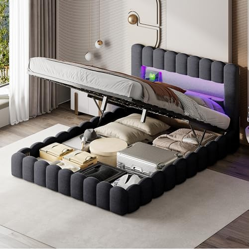 JOROBURO Polsterbett Bubble Bett 140x200 cm, Doppelbett mit Hydraulisch Stauraum, Stauraumbett mit USB und LED, Jugendbett mit bettkasten, Boxspringbett mit Lattenrost, Grau