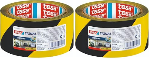 tesa Signal Markierungsklebeband PREMIUM - selbstklebendes Warnband zur permanenten Markierung und Kennzeichnung von Gefahrenzonen - aus robustem PVC - 66 m x 50 mm - Schwarz/Gelb (Packung mit 2)