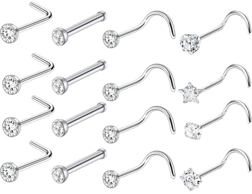 nuneoeuo 16pcs Silver Nose Piercings, Stainless Steel Cute Shaped Cubic Straight Heart Body Diamond Nose Pin Jewellery, Small Noses Studs for Women Lightweight Gem Stud for Women Men