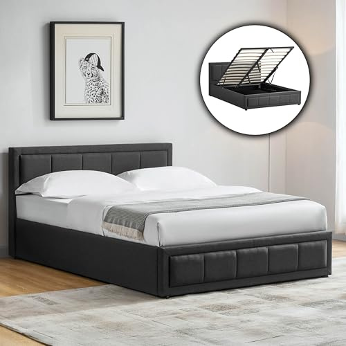Vida Designs Vanita Double Ottoman Bed Frame with Mattress | Dark Grey | 85 H x 147 W x 206 D cm | Upholstered Fabric | Cushion Headboard | Gas Lift | Large Storage | Space-Saving | Premium Furniture