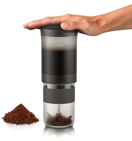 WACACO Prestina kaffebryggare av typen French Press, Allt-i-ett (Kolsvart) | Inbyggt filter i rostfritt stål, patenterad pressmekanism, flödessystem med anka-ventil, kaffebryggare för utomhusbruk, 240ml