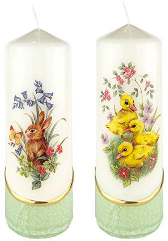 Meissner-Handel Auswahl * 2 Stück Osterkerze Stumpenkerze Osterdeko * 6 x 18 cm * mit farbigen Wachs- und Bildauflagen * Auswahl Motiv + Farbe * grün * (Serie 3 - Set 08/12)