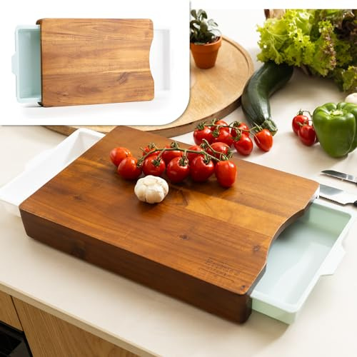 Kristie's Kitchen Wood Cutting Board – Meal Prep Station with Pull Out Trays for Easy Food Prep, Storage & Clean Up – Wooden Non Slip Prep Deck – Serving Board - 100% Acacia Kitchen Cutting Board