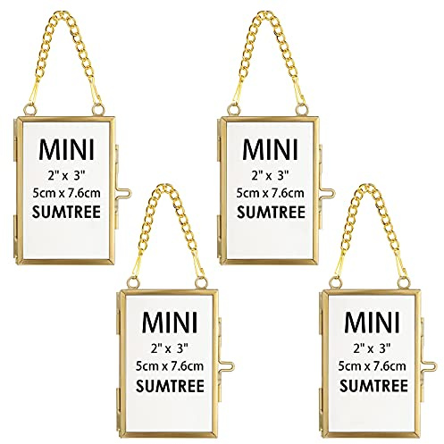 SUMTree Set of 4 Gold Glass Mini Hanging Photo Picture Display Frame, 2x3 | Golden Small Photo Frames, Floating Glass Picture Frame with Chain for Family Tree, Mini Photo Pressed Flower, Collage, etc