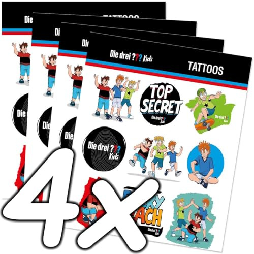 Mega-Tattoo-Set * DIE DREI ??? KIDS * als Mitgebsel, Geschenk oder zum Spielen | 4 Bögen mit 36 Tattoos | Detektiv Aufkleber Bilder Sticker Kinder Kindergeburtstag Geburtstag