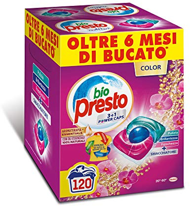 Bio Presto - Power Caps Color - Detergente para lavadora dosificado en cápsulas para prendas de color, 2 paquetes de 60 lavados (120 lavados)