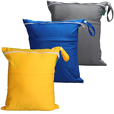 Viyuse Lot de 2 sacs humides pour maillot de bain - Version élargie - Lavables et imperméables - Deux poches zippées - Poussette - Voyage - Plage - Piscine - Sac de sport pour maillots de bain et