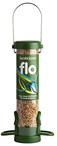 Jacobi Jayne® flo™ Bird Feeder - Bird feeders for small birds. Easy clean bird seed feeder. Won't clog or block. Flo™ hanging bird feeder for wild bird seed. 2 YEAR GUARANTEE. Classic green, small.