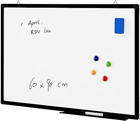ACAZA Tableau blanc Mémo magnétique, cadre en aluminium, avec 1 Marqueur et Porte-Marqueur, pour Ecole, Cuisine, Bureau - 60 x 90 cm, bordure noire