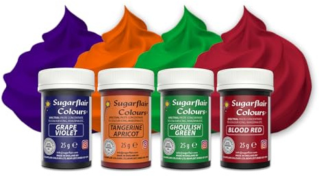 Sugarflair Pasta Lebensmittelfarben Mischung Set/4, Pasta Lebensmittel Farben für Fondant, Marzipan, Zuckerpaste, Buttercreme und mehr: Ghoulish Green, Grape Violet, Blood Red