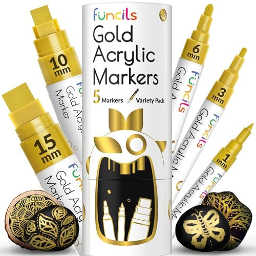 Funcils 5 Acrylstifte für Steine, Glas, Holz, Leinwand - Gold Acryl Marker 1mm, 3mm, 6mm, 10mm, 15mm Spitze. Die Goldstift Acryl Stifte sind ideal für Erwachsene und auch Kinder.