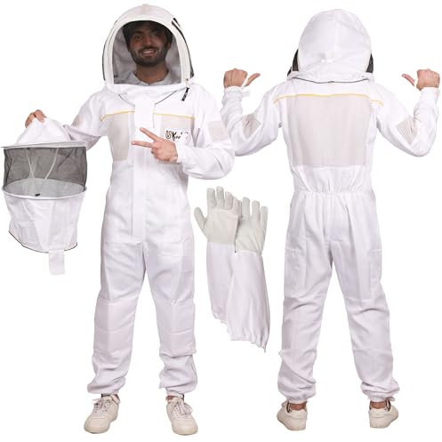 USKEEPERS Polly Cotton Bienenanzug, Belüfteter Imkeranzug für Damen & Herren, Imkeranzug mit Handschuhen & 2 Imkerschleier, Weiß, XL