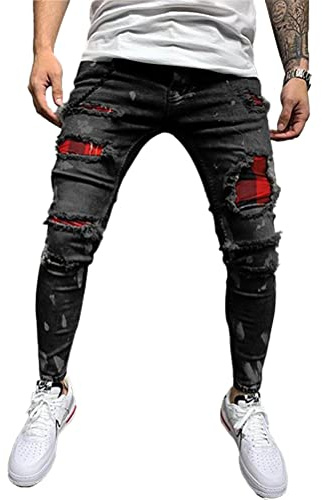 Onsoyours Jeans Homme Pantalons en Denim à Trou Droit Cassé avec Fermeture Éclair Jean Bassin Pantalons de Sport Casual