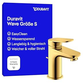 Duravit Wave Waschtischarmatur, Größe S (Auslauf Höhe 77 mm), Wasserhahn Bad mit Zugstangen-Ablaufgarnitur, Armatur Waschbecken, Gold Poliert
