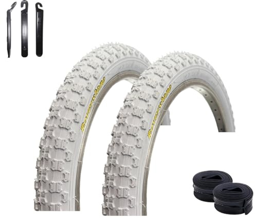 2 x Roverstone 20 Fahrradreifen Fahrradmantel Weiß 54-406 (20 x 2,125) + 2 x passende Schläuche AV inkl. Reifenheber