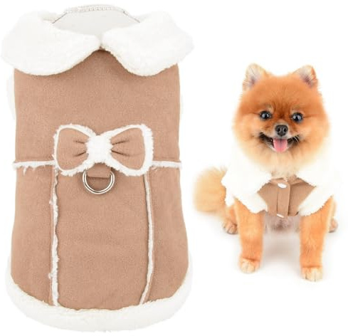 SMALLLEE_LUCKY_STORE Fleece-Hundemantel für kleine Hunde, Jacke mit Schleife und D-Ring, weiche Weste, Herbst-Winterkleidung mit flauschigem Kragen, Chihuahua, Yorkie, Katzenbekleidung, Khaki, XS