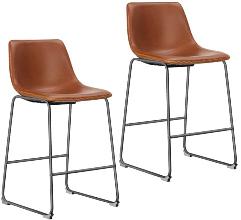 NEWBULIG Taburete de Bar Juego de 2 para Bar, Cocina, Mostrador, Taburetes Altos de Cocina Modernos, Sillas Altas con Respaldo de Cuero y Reposapies, 66 cm Altura del Asiento, Marrón