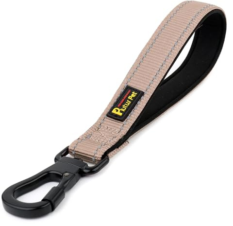 Plutus Pet Short Dog Lead with Padded Handle for Medium Large Dogs | Reflective, Heavy Duty Strong Nylon, Traffic Leash with Carabiner Clip for Training Walking (25cm, Beige)