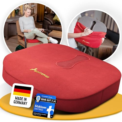 SANTERGO Orthopädisches Sitzkissen [PATENTIERT & FORMSTABIL] - Sitzkissen für Bürostuhl und Stuhl - Sitzkissen Stuhl, Sitzauflage Bürostuhl, Steißbeinkissen, Sitzpolster (red-Soft 45-65 kg)