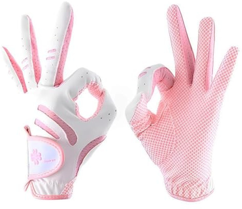 Golfhandskar barn ett par ungdom golfhandske vänster och höger hand golfhandske junior golfhandske pojkar flickor lädertyg andas golftillbehör för barn stabilt grepp för perfekt gunga (rosa, S)