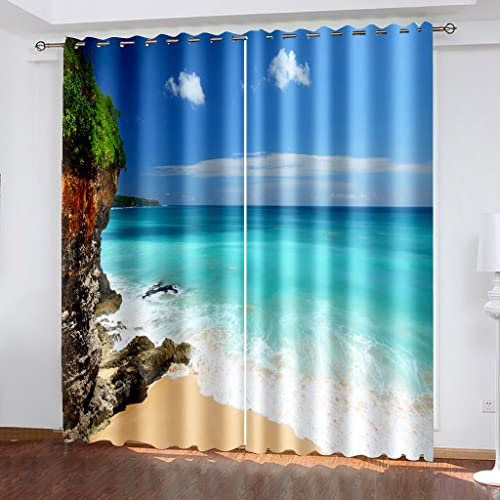Vorhang Blickdicht Mit Ösen, 3D Für Zwei Meter Modisches Meer Druck Verdunklungsvorhänge, Thermogardine Für Schlafzimmer Wohnzimmer Kinderzimmer Küche Fensterdekoration 2Er Set 220X218Cm (Bxh)