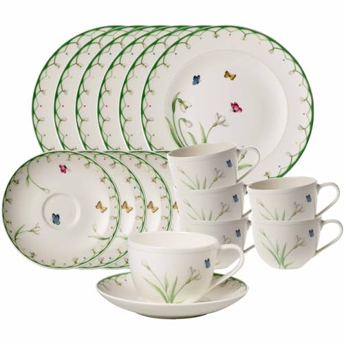 Villeroy & Boch Colourful Spring Service à café 18 pièces, assiette à petit-déjeuner (21,5 cm) et tasses à café avec soucoupes (160 ml), décor papillons et fleurs, porcelaine de qualité supérieure,