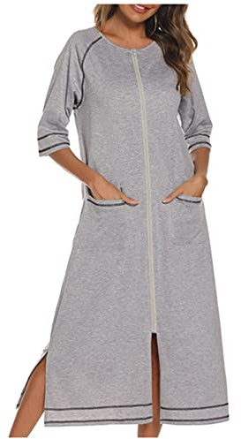 Bata de algodón para mujer, ligera y suave, con cremallera, longitud completa, cómoda, ropa de descanso, gris, M