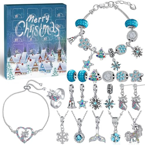 Raoclay Adventskalender Mädchen Kinder, Adventskalender Schmuck 2025 Basteln, Armband Weihnachtskalender Mädchen Geschenk, Bettelarmband Halsketten Ringe Ohrringe für Teenager 5 6 7 8 9 10 11 12 Jahre