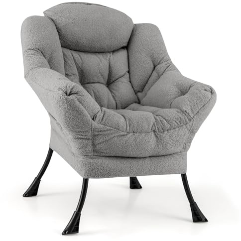 COSTWAY Armchair Accent Chair, Sherpa Upholstered Lounge Armchair Leisure Sofa Chair with Side Pocket, Metal Frame Lazy Comfy Seat Reading Chairs for Living Room Bedroom (without Footstool, Grey)