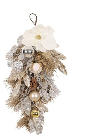 UIYIHIF Weihnachtskränze in Tropfenform, 54,9 cm, Champagnergold, Künstliche Girlande aus Kiefernholz mit Weißer Magnolie, Weihnachtskugel, Tannenzapfen, Gefälschte We