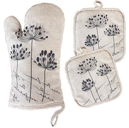 Set di guanti e presine per barbecue in lino, guanti da forno per cuocere, cucinare, grigliare, guanti da cucina per barbecue, guanti da forno lavabili (beige)