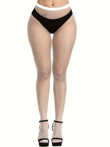 Boolavard nätstrumpor, hög midja tights för kvinnor, gnistrande strass fisknät fest, fisknät tights damer plus size en storlek passar alla, Vitt, one size
