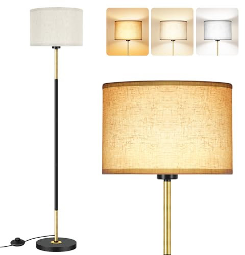 OUTON Lampada da Terra Salotto, 3 Temperature di Colore con E27 Lampadina & Interruttore a Pedale, Lampada da Lettura LED con Paralume in Lino, Design Vintage per Camera da Letto e Ufficio (Nero Oro)