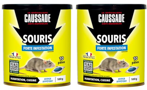 Caussade Anti-Souris - Forte Infestation - 20 Sachets Pâtes - 200g | Prêt à l'Emploi - Une Ingestion Suffit - Fabriqué en France - CASAPT10NX2