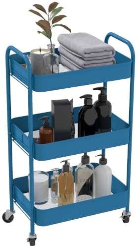 HOMCOM Desserte en Acier à roulettes 3 Niveaux 45 x 30,6 x 79 cm Bleu Foncé | Chariot de Rangement, Chariot de Service, Plateaux Ajourés