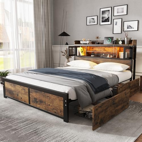 Merax Double bed frame, 4ft6 double Metal Bed with 2 Storage Drawers, LED light strip, 3 USB charge port, Headboard storage function, for adults & teenagers(No Mattress), Black+Walnut/135CM*190CM