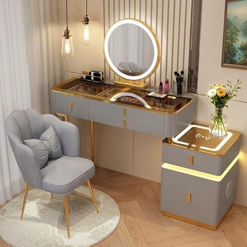 Vofikoli Tavolo da toeletta con illuminazione e sedia, specchio intelligente a tre colori, tavolo da trucco per camera da letto moderna (grigio + oro, 100 cm)