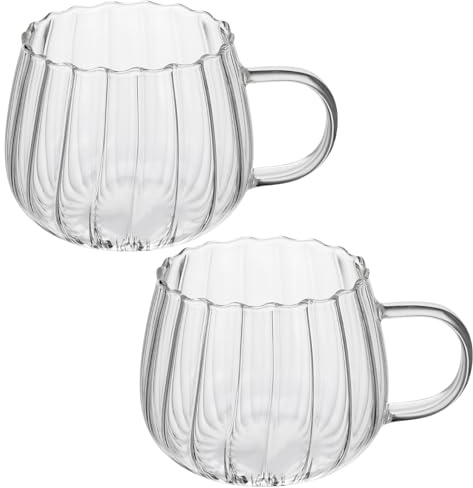 Cuwrlirht 2pcs Glass Pumpkin Mug with Handle, 12oz Glass Cups for Coffee, Espresso, Milk, Tea, Clear Drinking Cups for Women, Men, Halloween Thanksgiving Decorations