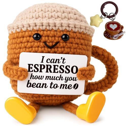 Funny Positive Coffee Cup, Emotion Support Crochet Doll with Card, Coffee Cup Charm Keychain, Coffee Lovers Birthday Gifts for Her, Him, Friend, Coworker, Home Office Desk Decor, Encouragement Present