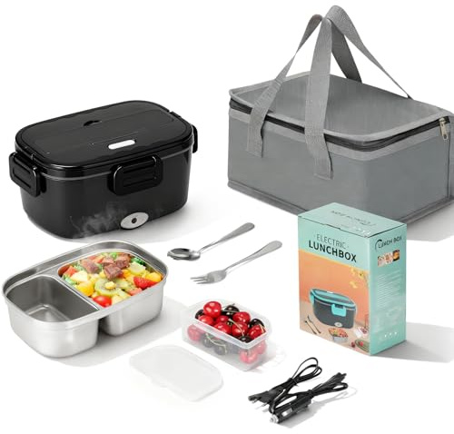 VINATO Fiambrera Electrica 1.5 L, Calentador De Comida Portatil 60W,Taper Electrico,Fiambrera Termica Para Coche,Camión,Oficina,Con Tenedor/Cuchara Y Bolsa Térmica
