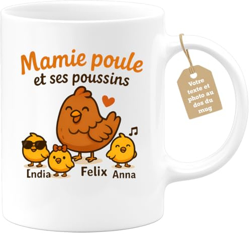 quotedazur Café-Croissant - Mug Personnalisé Mamie Poule Avec Poussins Lydia, Felix, Anna Et Lucie Cadeau Tasse Pour Noël Ses Petits - Blanc/Céramique
