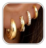 Diamday Creolen Ohrringe Vergoldet Silber Ohrringe Damen Chunky Creolen Gold Hypoallergen Knorpel Huggie Sleeper Ohrring Set Zirkonia Lobe Helix Daith Leichter Piercing Ohr Schmuck 8/10MM