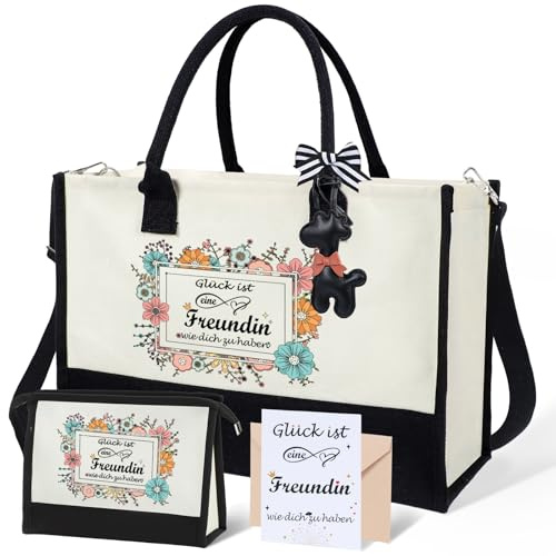 Seutgjie Geschenke für Freundin, Geburtstagsgeschenk für Beste Freundin Canvas Einkaufstasche Tragetasche Kosmetiktasche Set mit Glückwunschkarte zum Geburtstag Weihnachten