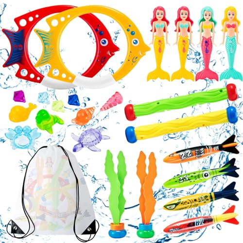 Mactoou Giocattoli da Immersione, 24 Pezzi Giochi Piscina Bambini, Immersioni per Nuoto Gemme per Giocattoli Subacquei, Giochi Acqua Regalo con Borsa per Bambina Bambini