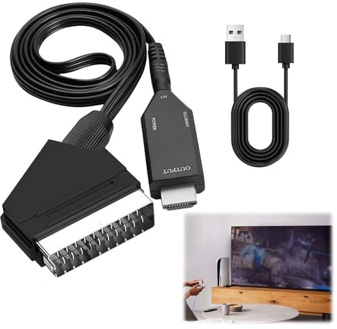 Scart to HDMI Converter Scart to HDMI Adapter for TV All-in-One Video Audio Scart Input to HDMI Output Lead with USB Cable Supports HD 720/1080P for HDTV Monitor Projector VHS Xbox PS3 DVD Player